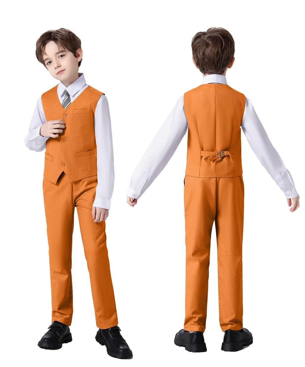 Boys Suit Slim Fit Outfit Suits Kids 6 Piece Jacket Vest Pants Orange 4