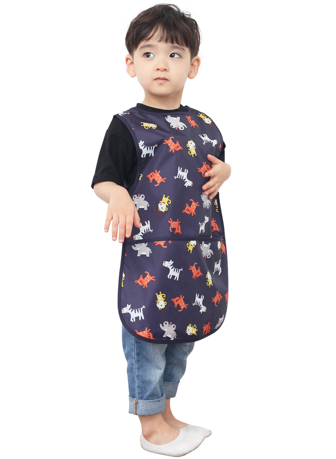 Plie Kids Painting Apron – Waterproof Art Smock for Toddlers & Preschoolers, Messy Play, Baking, Crafts, Cooking, Sensory Activities, Mealtime (Ages 1–10), Navy Animal (03-L)