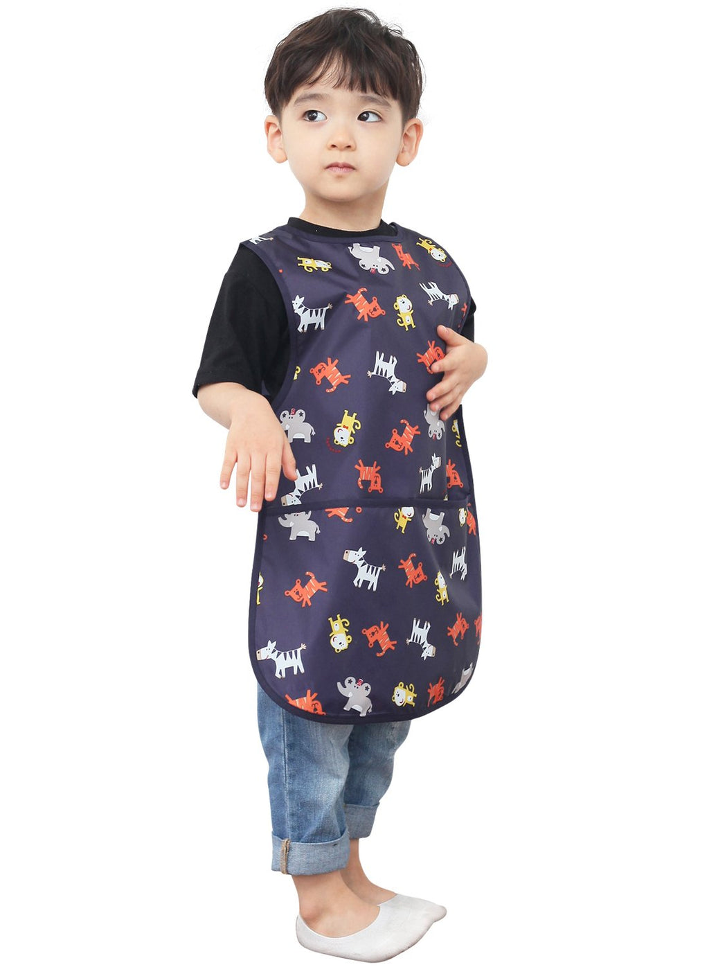 Plie Kids Painting Apron – Waterproof Art Smock for Toddlers & Preschoolers, Messy Play, Baking, Crafts, Cooking, Sensory Activities, Mealtime (Ages 1–10), Navy Animal (03-XL)