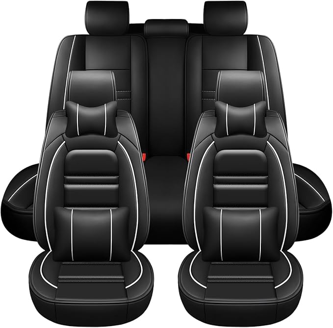 PACKMACH Car Seat Covers for Ford Transit 2014-2024 | 5-Seats Seat Covers, Waterproof Seat Protectors, Automotive Seat Covers (Full Set with Pillow,Black&White Line)