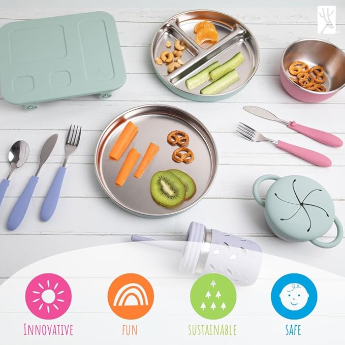 Elk and Friends Stainless Steel Bowls + Silicone Sleeve and Storage Lid | Baby, Toddler, Kids | Cereal & Snack Bowls | Storage Containers | Dishwasher Safe | 4 Pack