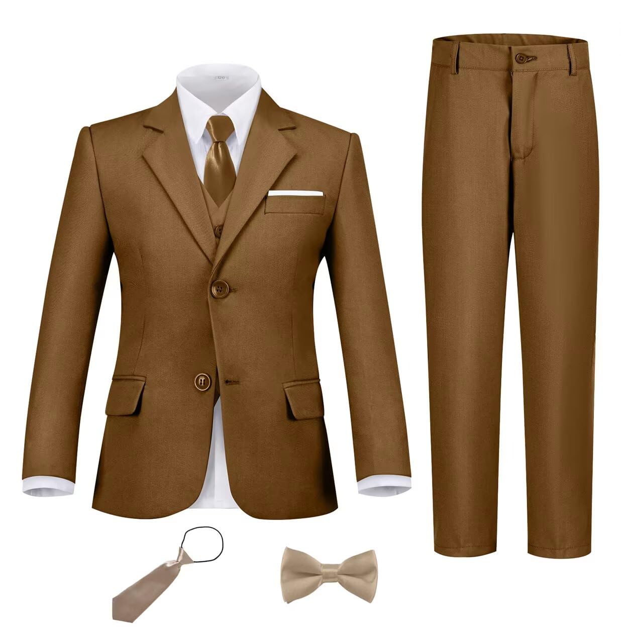 Boys Suit 6 Piece Formal Tuexdo Suit Set Boy Dress Outfit Dark Khaki 4