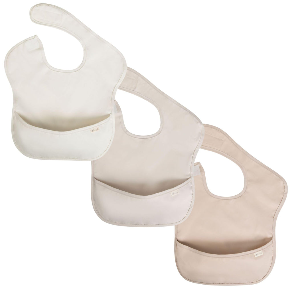 Ali+Oli Smock Bib for Baby (3-pc) Sleeveless Set (Neutral) BPA-Free Oeko-Tex Certified, Mess Proof Baby Bib for Eating, Waterproof Baby Smock, Machine Washable, Toddlers Ages 6m+