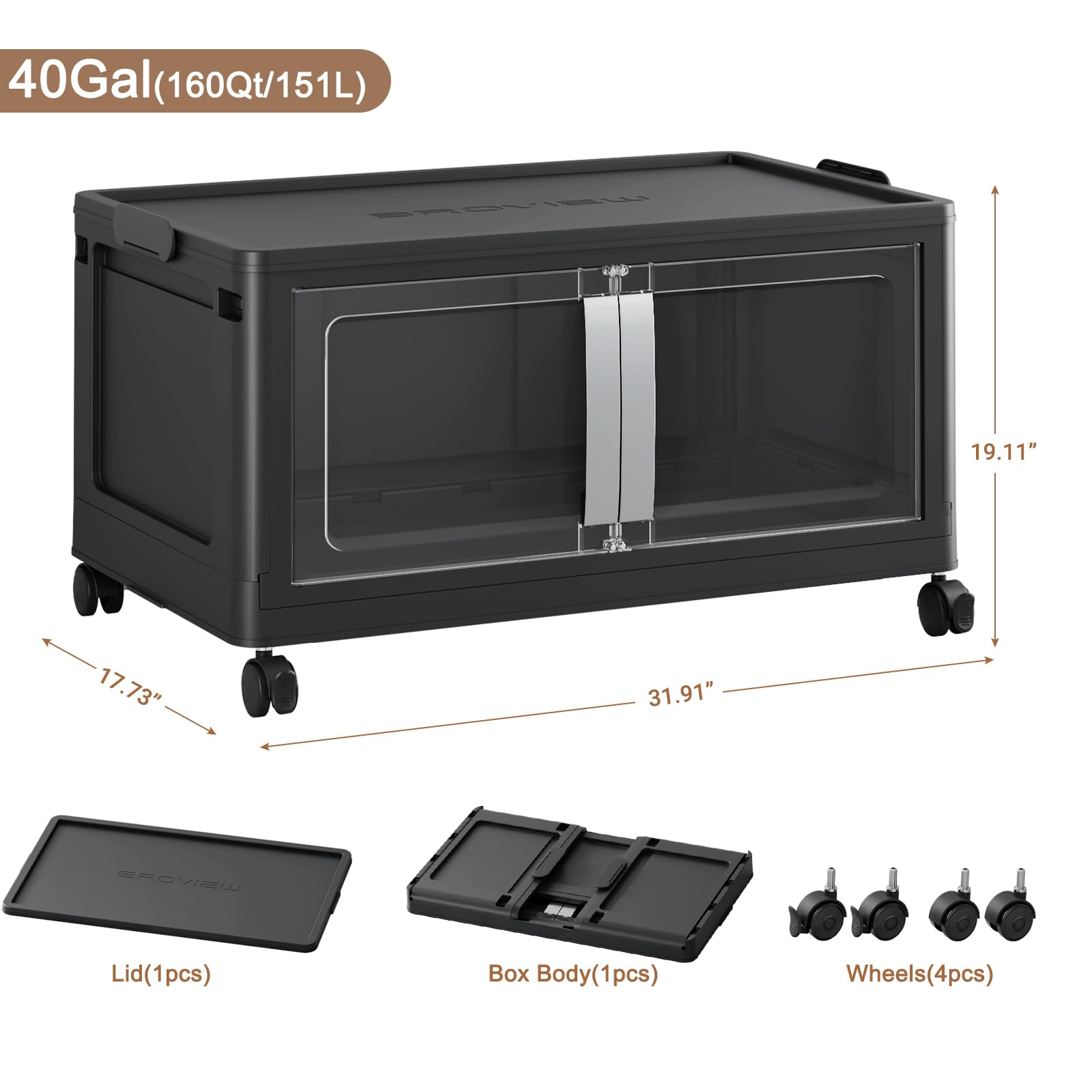 BROVIEW 160QT Stackable Storage Bins with Lids, 40Gal Extra Large Collapsible Storage Box with Wheel, Plastic Storages with Clear Door Open Front for Home Kitchen Garage, Black-1pack