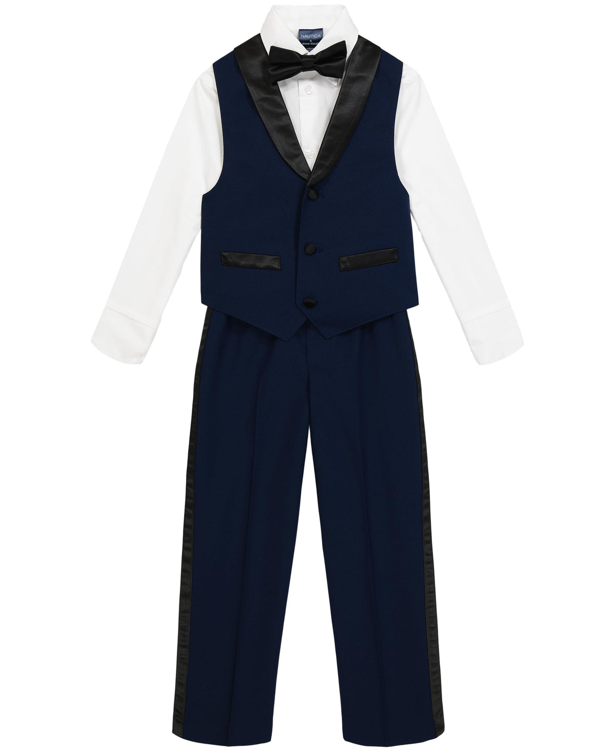 Nautica Boys' 4-Piece Vest Set with Dress Shirt, Bow Tie, Vest, and Pants, Khaki/Navy, 6