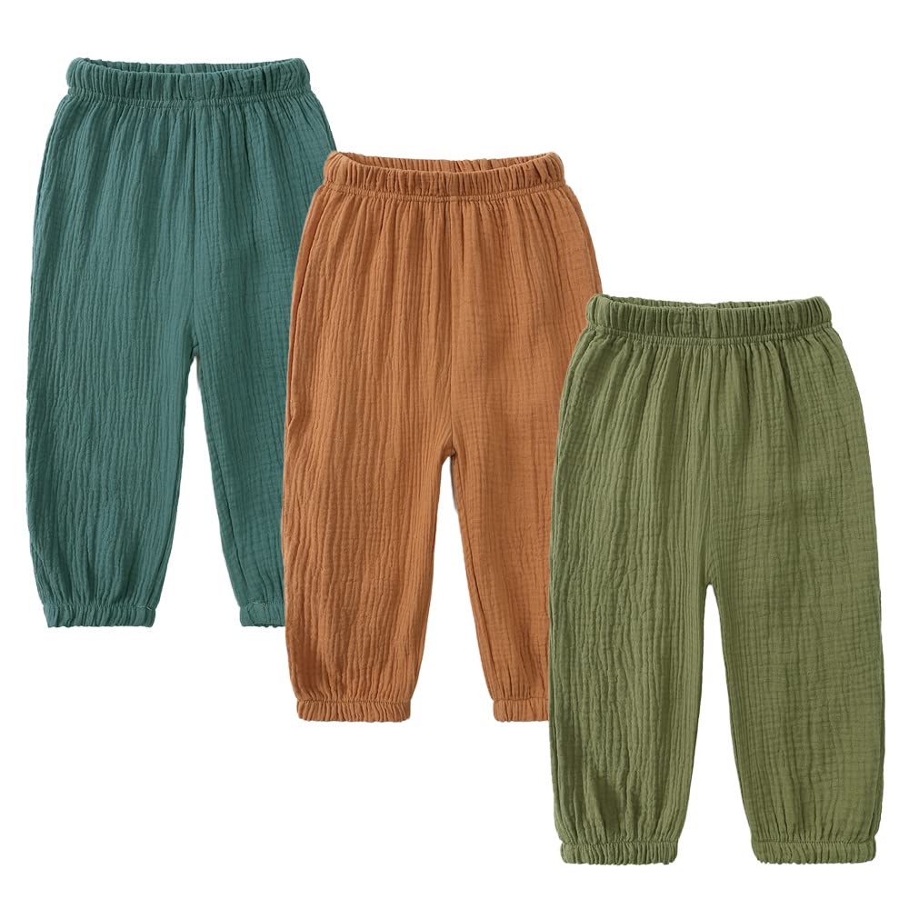 MYGBCPJS Boys Girls 3 Pack Cotton Linen Long Bloomers Graphic Printed Trousers Ankle Length Kids Thin Elastic Waist Pants