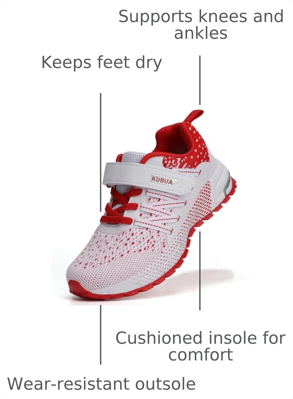 KUBUA Kids Sneakers Lightweight Boys Girls Tennis Shoes White Red