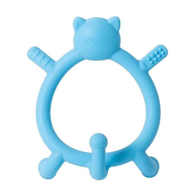 Pigeon Silicone Baby Teether – Multi-Textured Teething Relief Toys, Lightweight & Easy to Grasp, 6+ Months (Blue Cat, 1 Count)