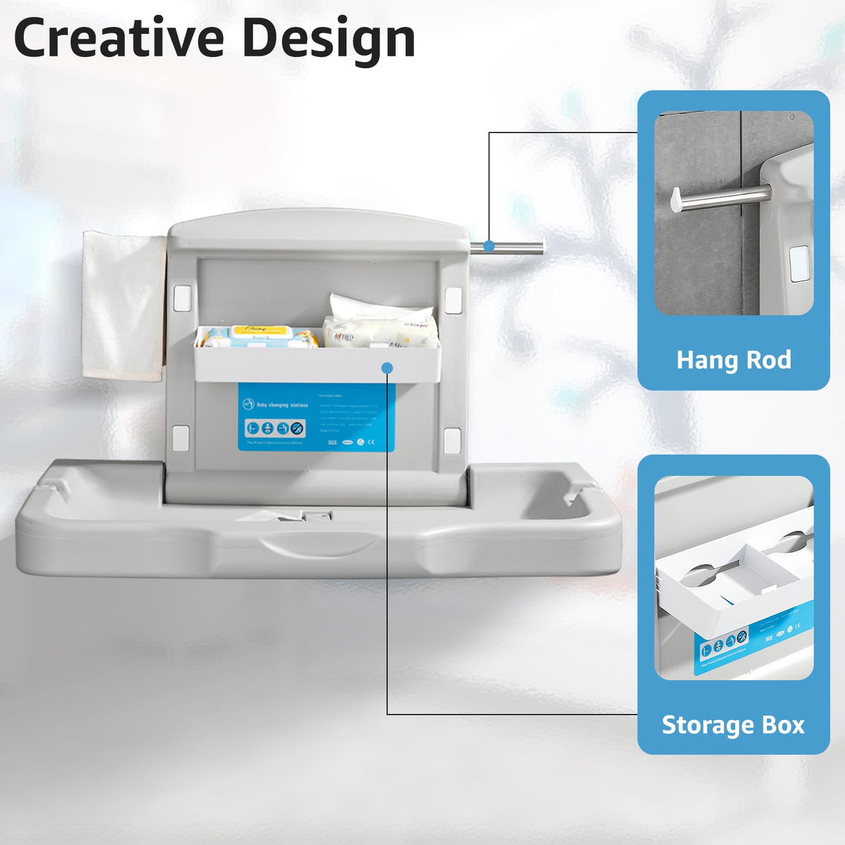 Baby Changing Station Wall Mounted: Horizontal Diaper Changing Table Foldable Diaper Tables with Safety Strap, ADA Complaint for Commercial Bathroom/Nursery/Public Restroom
