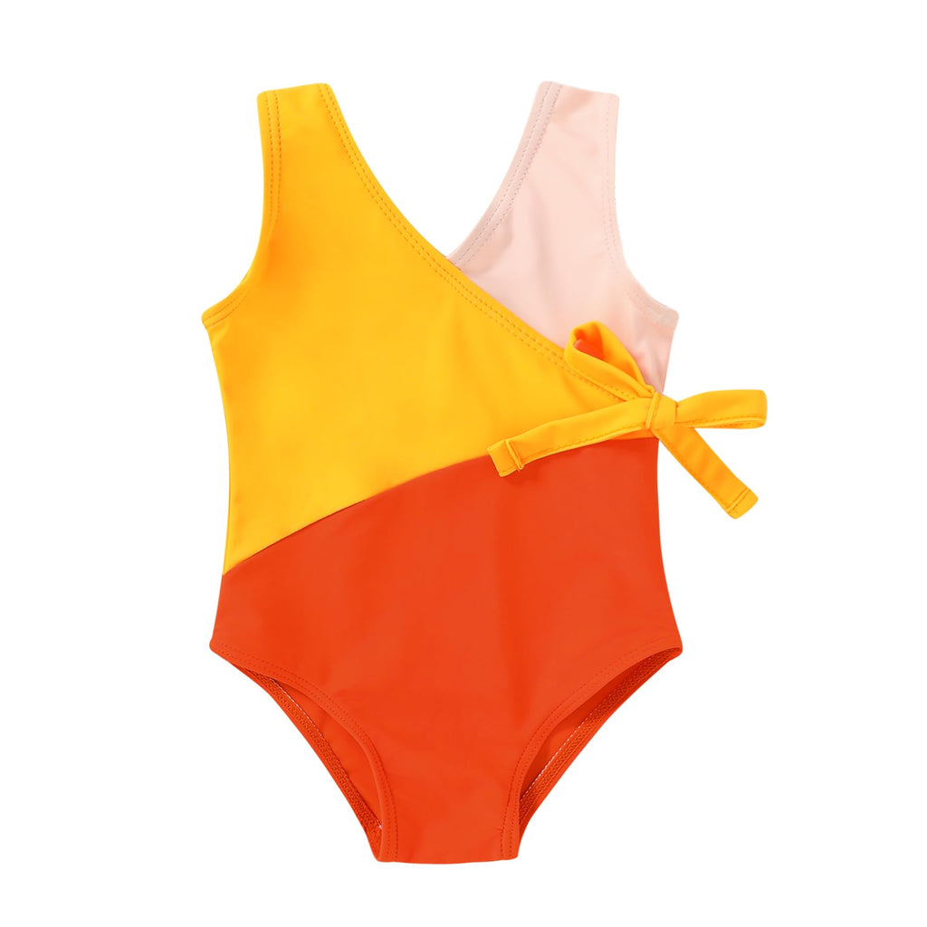 Happy Town Toddler Swimsuit Girl One Piece Bathing Suit Color Block Swimwear Baby Summer Beach Wear(5-6 Years,Yellow Orange)