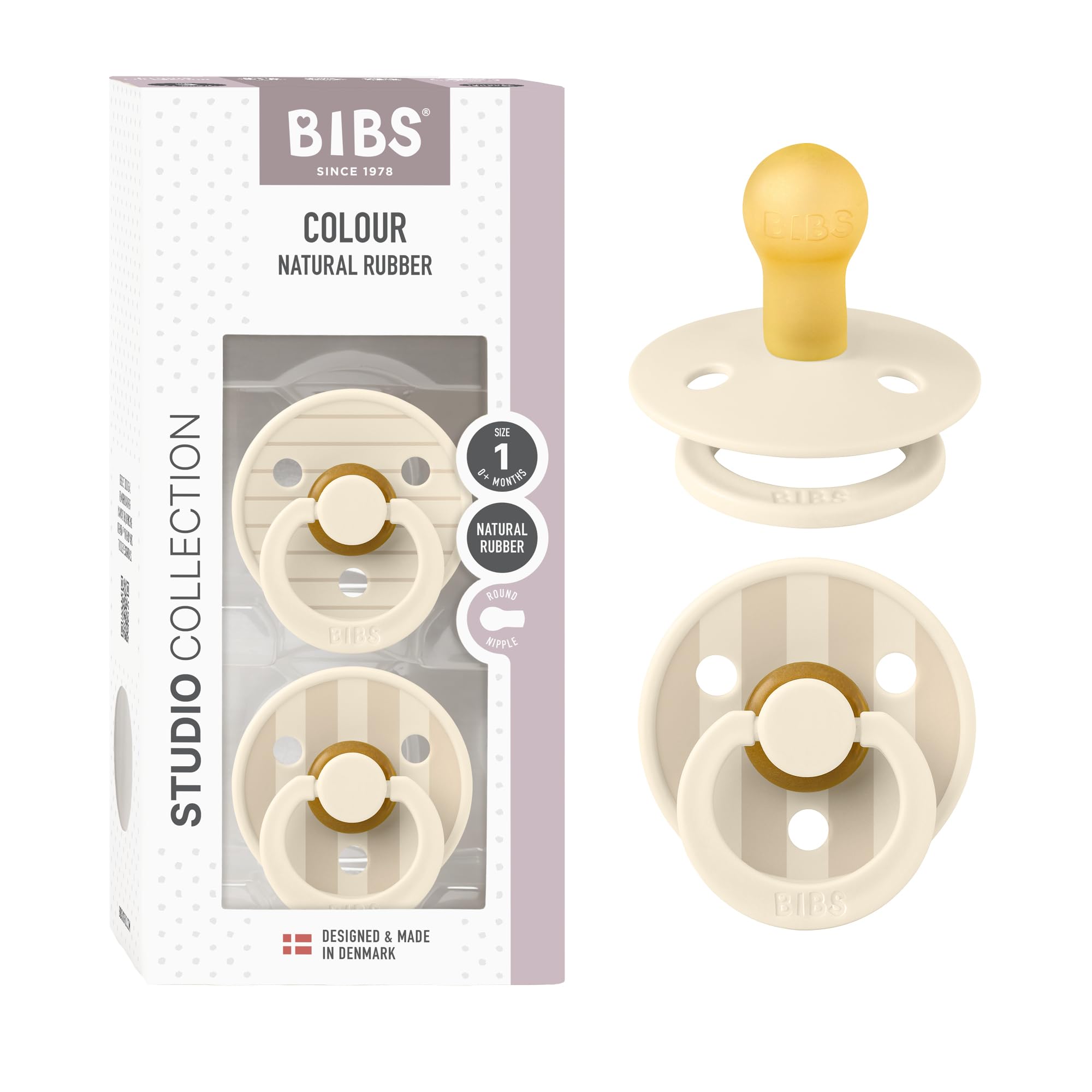 BIBS Colour Pacifier, 0-6 Months, 2-Pack, Round Nipple, Pin Ivory Vanilla