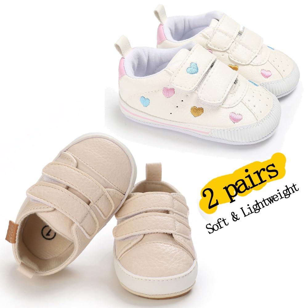eitwo 2Pairs Baby Shoes,Boys Girls Non-Slip Rubber Sole Sneakers,Unisex Infant Soft Lightweight First Walking Crib Shoes (2Pairs_Heart+Beige,3-6 Months)