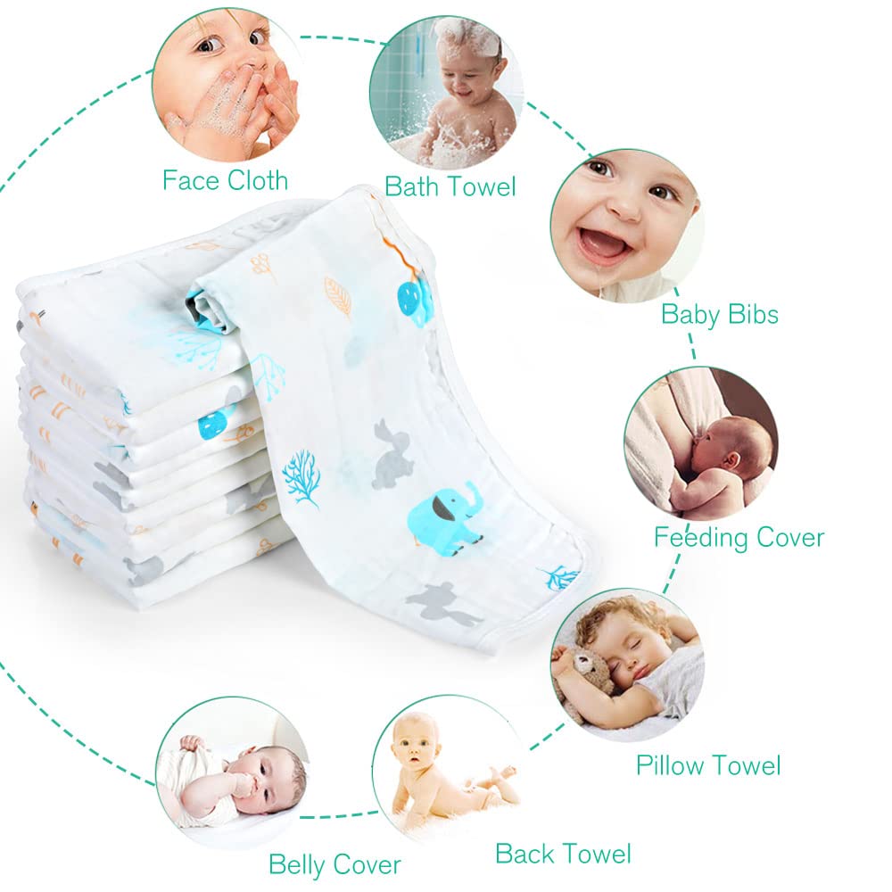Yoofoss Muslin Burp Cloths for Baby 10 Pack 100% Organic Cotton Baby Washcloths for Boys Girls Large 20''X10'' Super Soft and Absorbent Elephant