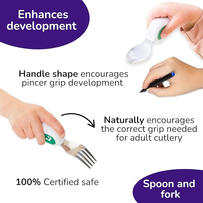 doddl Toddler Utensils, Ergonomic Fork and Spoon Set for Self Feeding, Stainless Steel Silverware for 1-3 Year Olds, BPA Free, Dishwasher Safe (Aqua (Twin Pack))