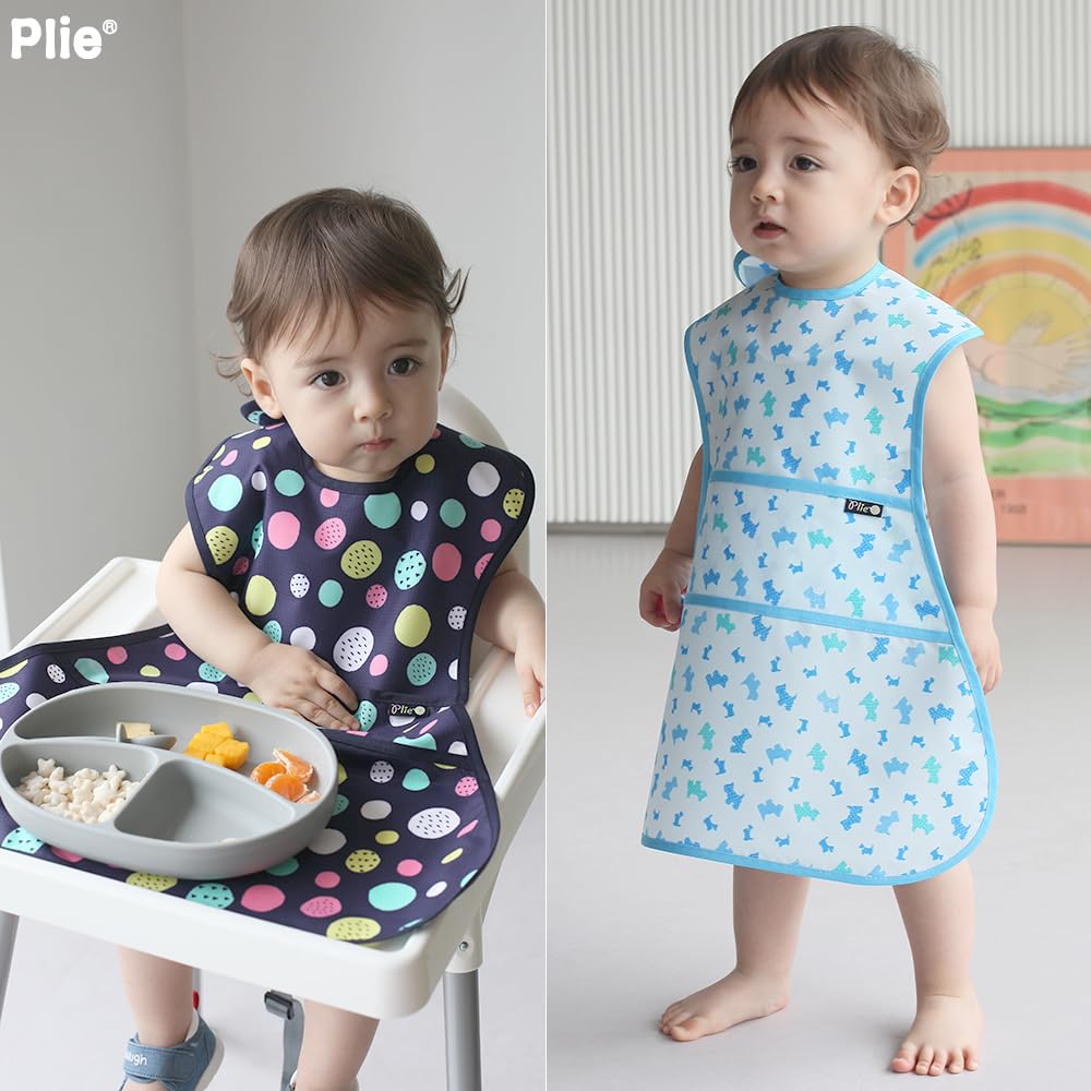 Plie Full Coverage Waterproof Feeding Bib for Toddlers – Extra Long Apron Bib for Mealtime, Self-Feeding, High Chair, Food Catcher, BPA-Free, Easy to Clean - Ivory/Star