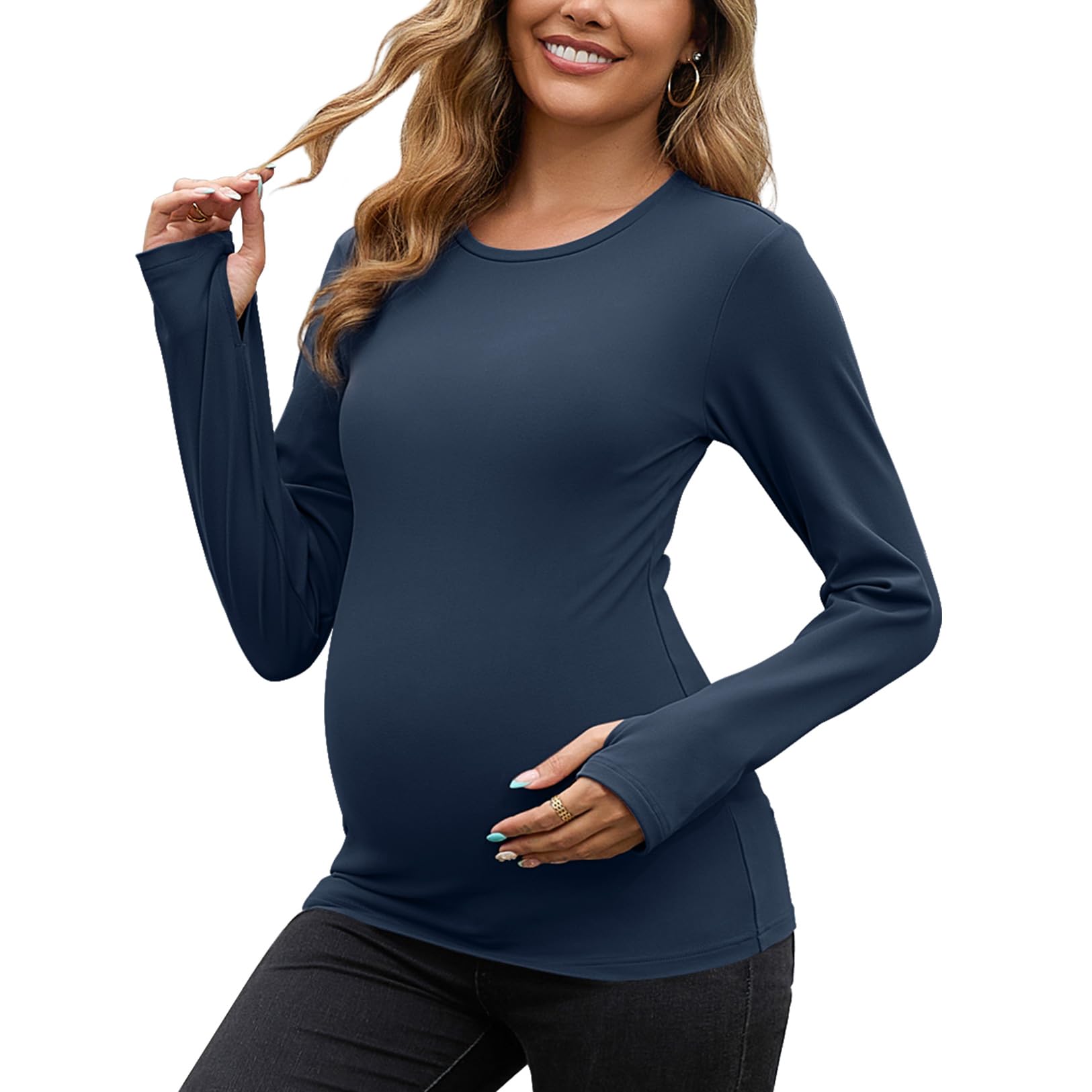 GINKANA Maternity Workout Tops Long Sleeve Scoop Neck Pregnancy Yoga Shirts Thumb Holes Mama Clothes,Dark Blue,XL