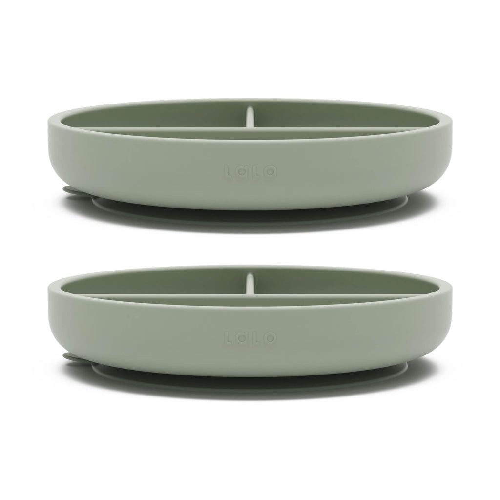 Lalo Suction Plates - 2 Pack, 100% Silicone Non-Toxic BPA-Free Baby Plates with Suction Base To Prevent Accidental Tip-Overs - Suction Plates for Toddlers With Three Divided Sections - Sage