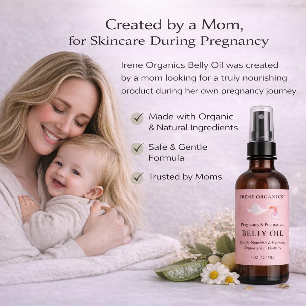 Irene Organics Organic Belly Oil for Pregnancy & Postpartum – Lightweight, Non-Greasy Stretch Mark Support Oil – Hydrating Vitamin E Bump Serum, Unscented & Pregnancy Safe