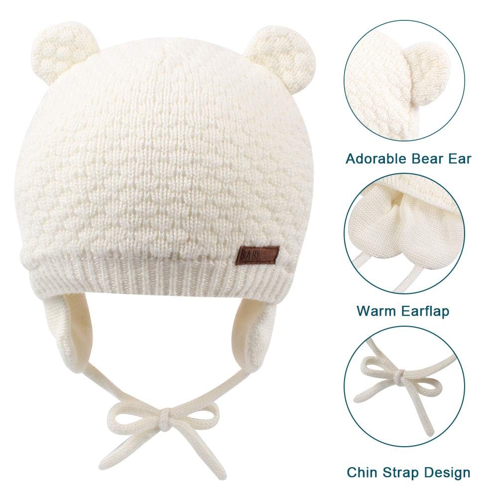 XIAOHAWANG Baby Hat Cute Bear Toddler Earflap Beanie Warm for Fall Winter (A-Set White+Pink, M(6-12 Months))