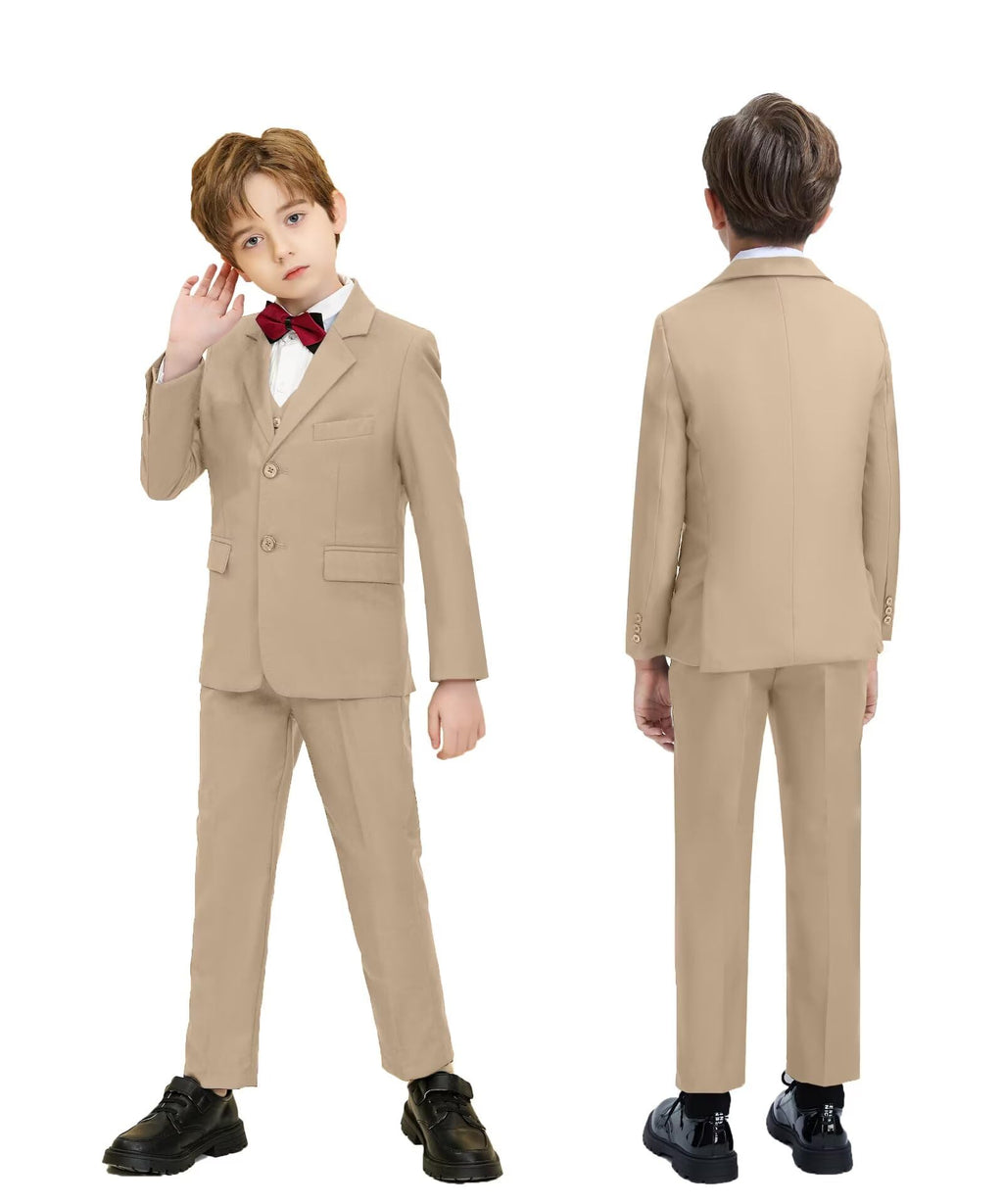 Fxzpiodi Suit for Boys Slim Fit Wedding Outfit Suit Size 2-20 Kids 6 Piece Tuxedo Solid Formal Dresswear of Jacket Vest Pants Shirt and Tie Khaki 14