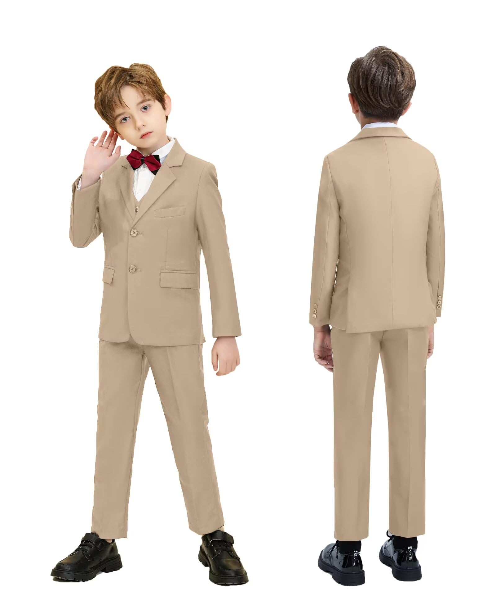 Fxzpiodi Suit for Boys Slim Fit Wedding Outfit Suit Size 2-20 Kids 6 Piece Tuxedo Solid Formal Dresswear of Jacket Vest Pants Shirt and Tie Khaki 14