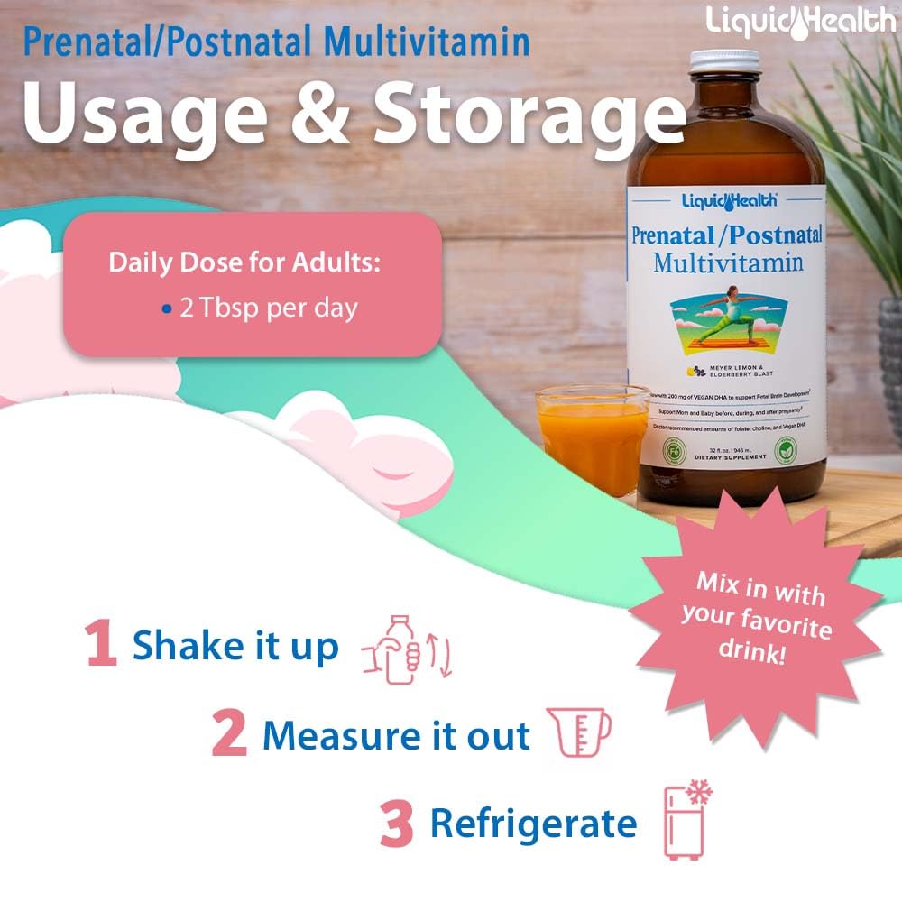 LIQUIDHEALTH Prenatal/Postnatal Multiple Liquid Women's Multivitamin with Real Folate - Pre & Postnatal Vitamins for Before, During, After Pregnancy - Made in USA, Vegan, Sugar-Free, Non-GMO (2 Pack)