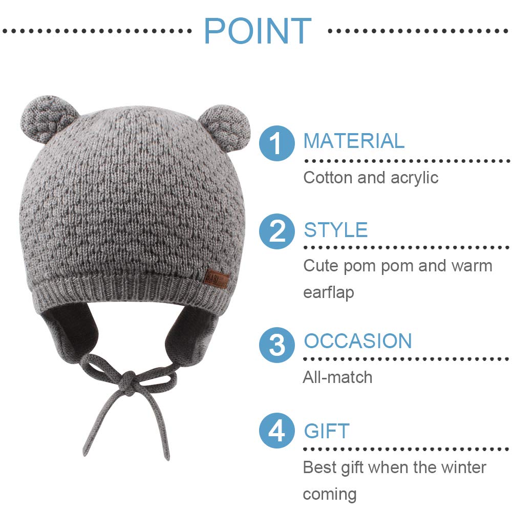 BAVST Baby Beanie Hat for Winter with Earfalp Cute Bear Kids Toddler Girls Boys Warm Knit Cap 0-2Years