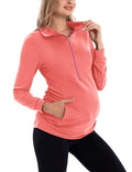 GINKANA Maternity Pullover Tops Maternity Zipper Shirts Lapel Long Sleeve Casual Lightweight Pregnancy Tops with Pockets,Coral Red,L