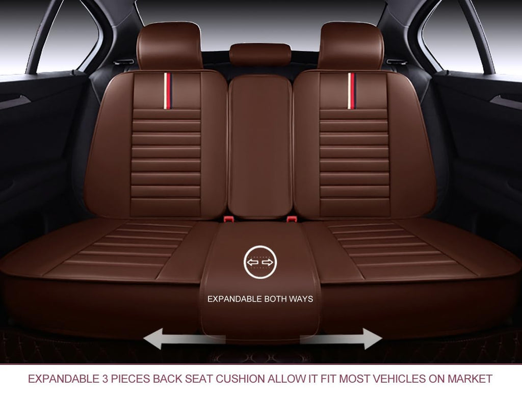 OASIS AUTO Car Seat Covers Full Set Premium Waterproof Faux Leather Cushion Universal Accessories Fit SUV Truck Sedan Automotive Vehicle Auto Interior Protector (OS-001 Brown)