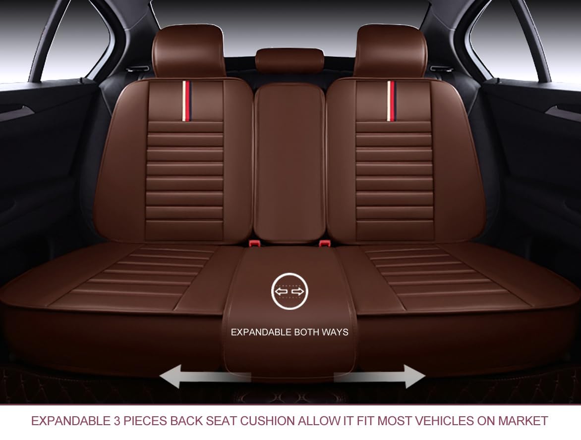 OASIS AUTO Car Seat Covers Full Set Premium Waterproof Faux Leather Cushion Universal Accessories Fit SUV Truck Sedan Automotive Vehicle Auto Interior Protector (OS-001 Brown)