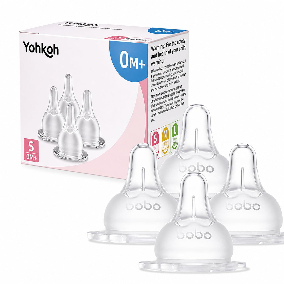 YOHKOH Baby Bottle Nipples for Wide Neck Bottles, 100% Natural Feel Silicone Nipples, BPA-Free (6m+, L, 4 Counts)