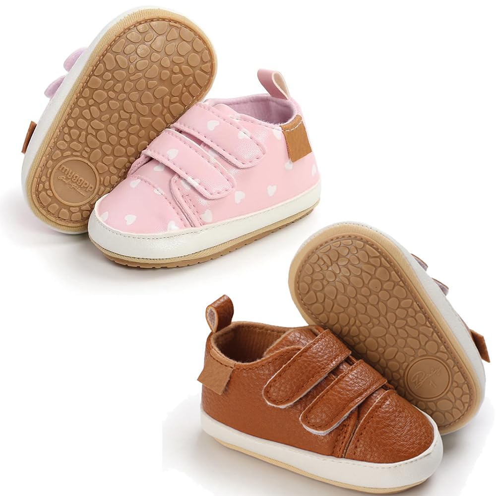 eitwo 2Pairs Baby Shoes,Boys Girls Non-Slip Rubber Sole Sneakers,Unisex Infant Soft Lightweight First Walking Hoes(2Pairs_Brown+PinkHeart,12-18 Months)
