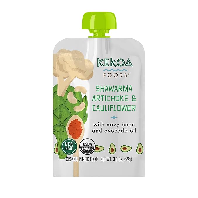 Kekoa Foods Shawarma, Artichoke & Cauliflower Baby Food Purée | 100% USDA Certified-Organic Vegetarian | Organic, Non-GMO, Gluten-Free, Vegan | Flavorful & Nutritious First Food for Babies | 3.5 oz