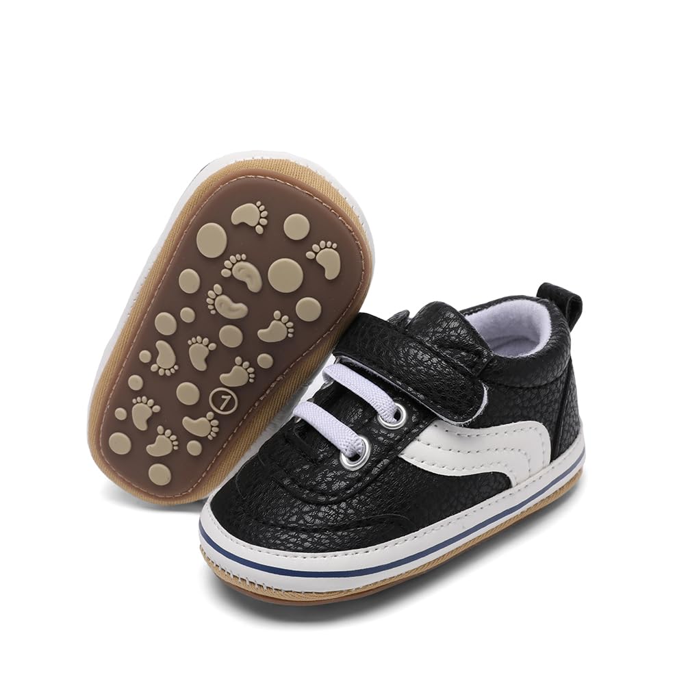 Clowora Baby Boys Girls Shoes Non-Slip Rubber Sole Sneakers Infant First Walking Toddler Crib Shoes Newborn Loafers Flats. (0611/Black,0-6 Months)