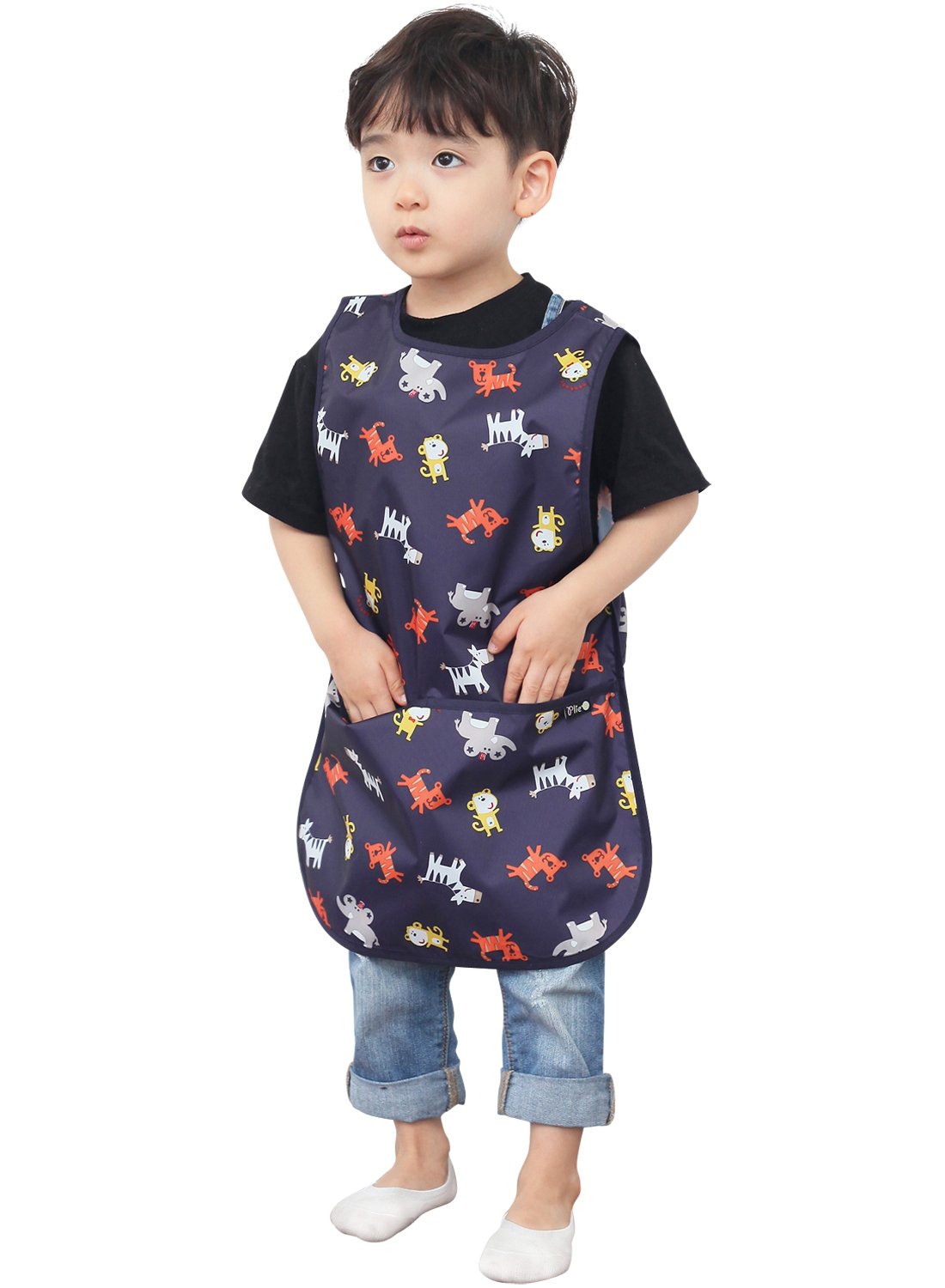 Plie Kids Painting Apron – Waterproof Art Smock for Toddlers & Preschoolers, Messy Play, Baking, Crafts, Cooking, Sensory Activities, Mealtime (Ages 1–10), Navy Animal (03-XL)