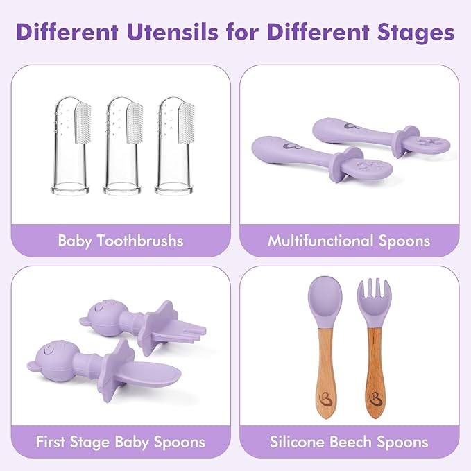 Silicone Baby Feeding Set 13 Pcs,Baby Led Weaning Supplies, Baby Spoons Suction Bowl Divided Plate Bib Cup Finger Brush,First Stage Solid Food Eating Utensils - 6 Months + (Pink)