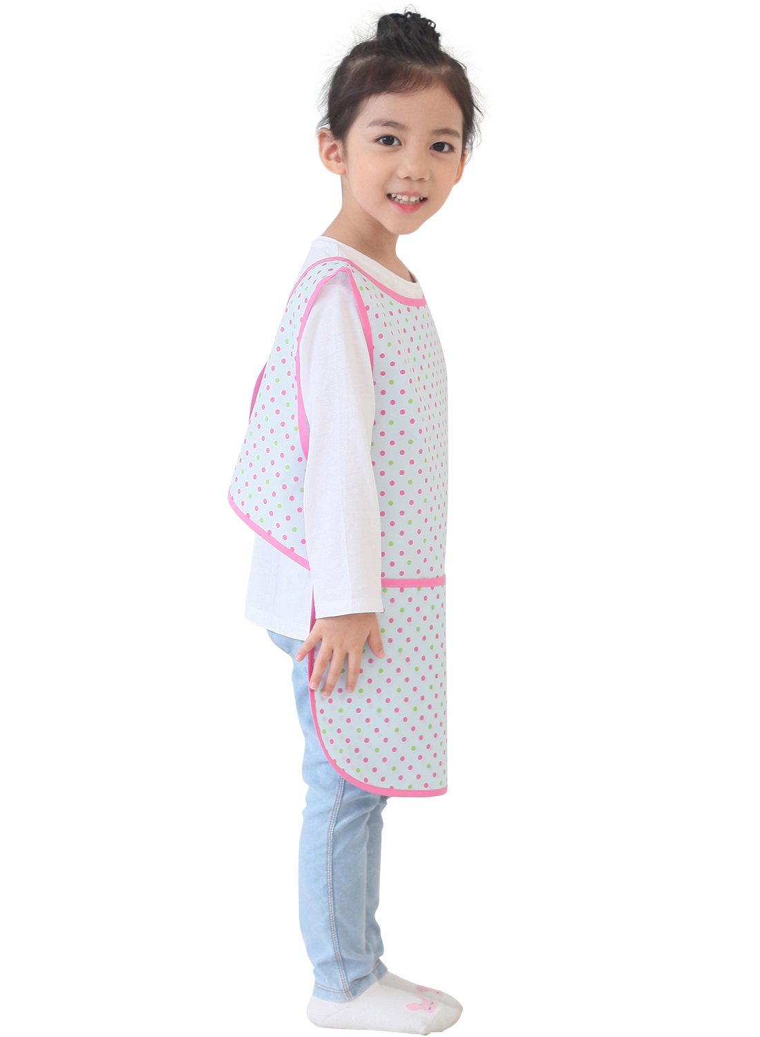 Plie Kids Painting Apron – Waterproof Art Smock for Toddlers & Preschoolers, Messy Play, Baking, Crafts, Cooking, Sensory Activities, Mealtime (Ages 1–10), Blue&Green Dot (30-XL)