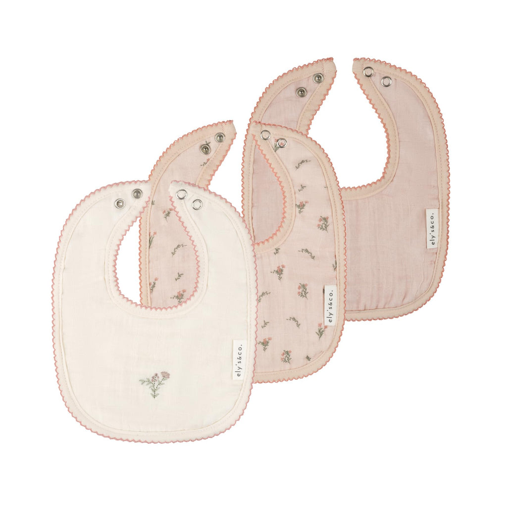 Ely's & Co. 100% Cotton Muslin Bib with Terry lining Soft & Absorbent for Infants, Adjustable Snaps 3 Pack 0-6 Months (0-6 Months, Gingko Pink and Ivory) For Baby Girl