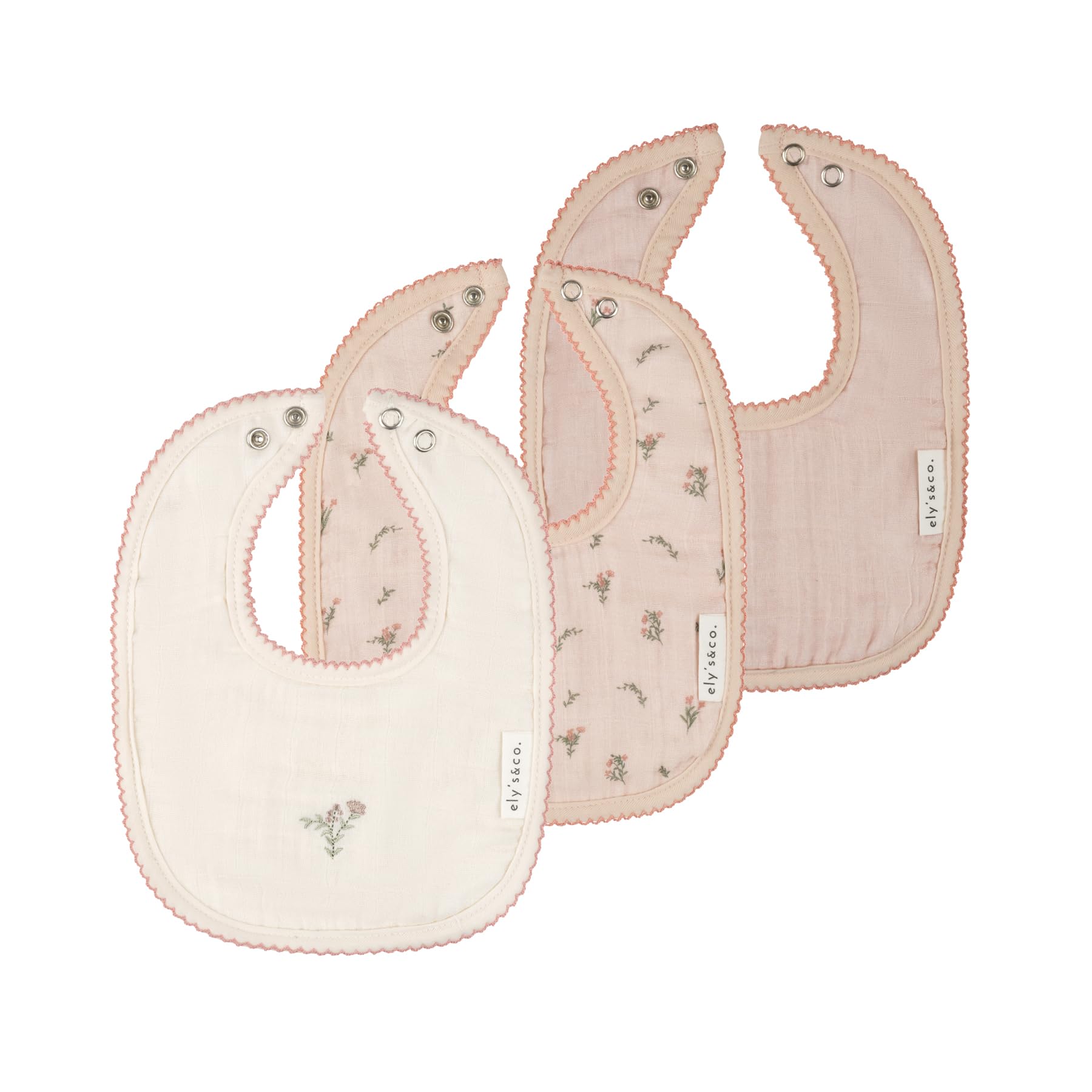 Ely's & Co. 100% Cotton Muslin Bib with Terry lining Soft & Absorbent for Infants, Adjustable Snaps 3 Pack 0-6 Months (0-6 Months, Gingko Pink and Ivory) For Baby Girl