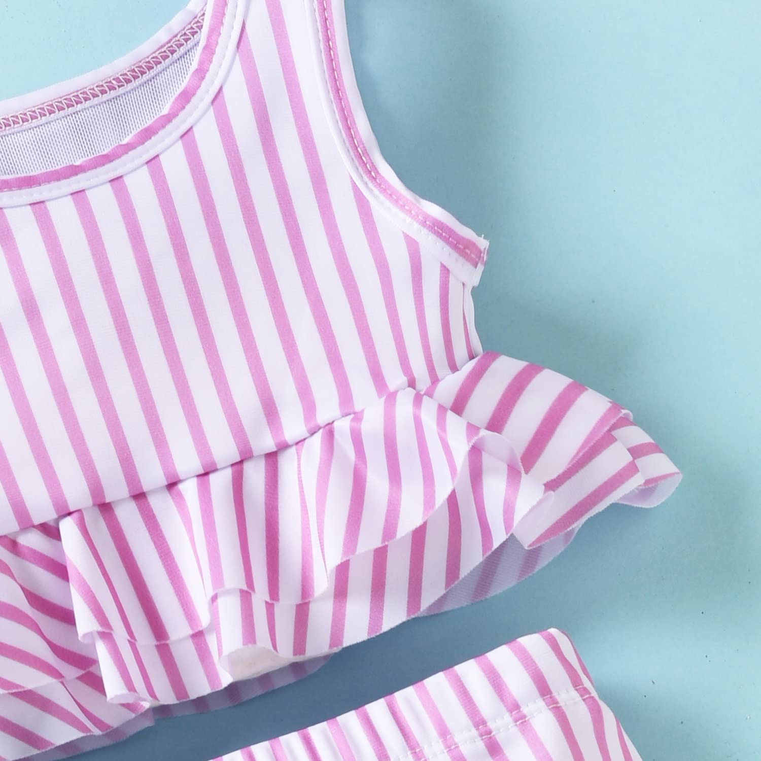 Aalizzwell Toddler Little Girls Swimsuit Two Piece Striped Ruffle Bathing Suit Bikini Tops Bottoms Swimming Suit Swimwear Beach Wear Pink 4T - 5T
