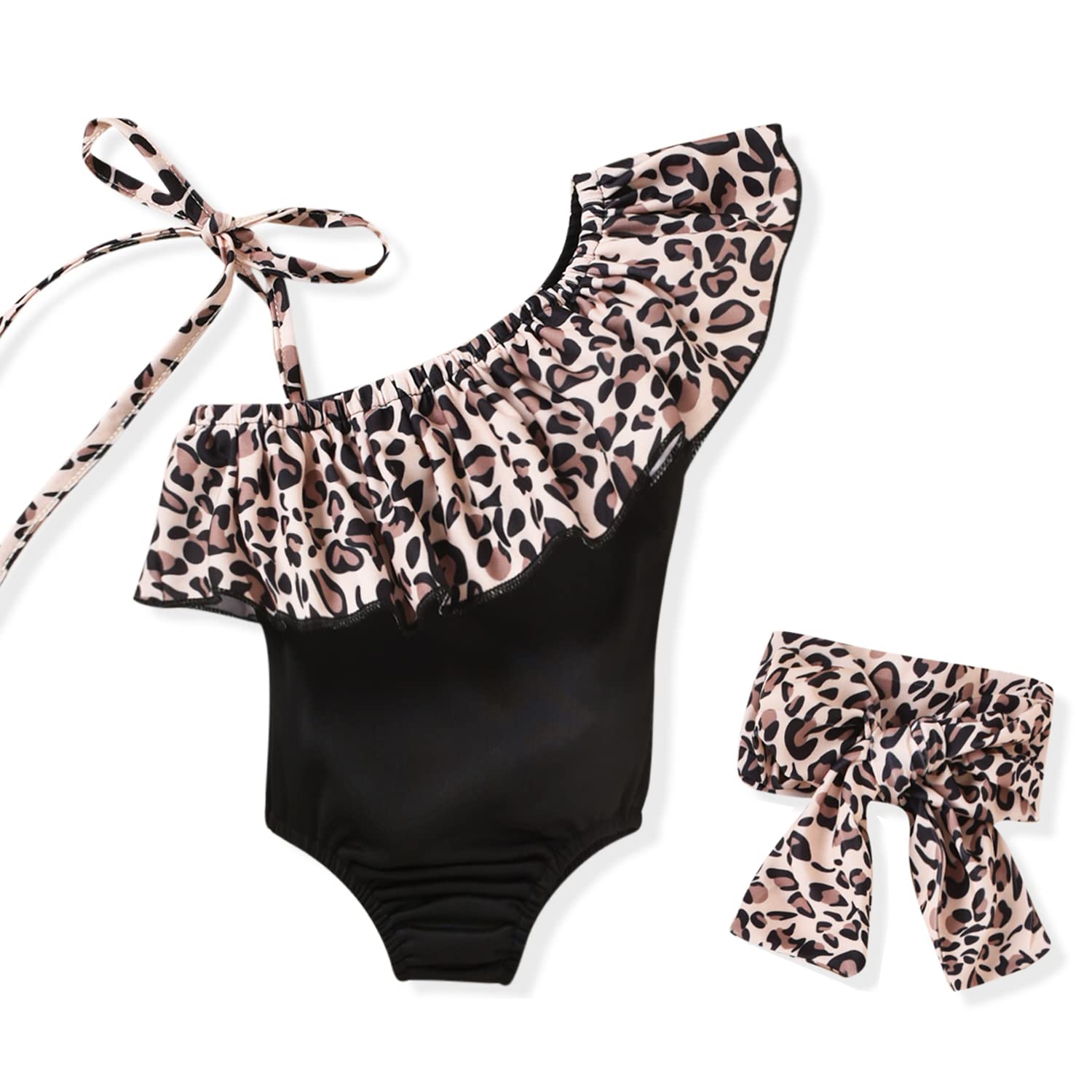 Toddler Infant Baby Girls One Piece Swimsuits Swimming Suit Leopard Cheetah Off Shoulder Swimwear Beach Bathing Suit 18-24 Months