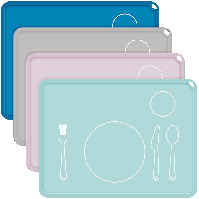 Zhehao 4 Pcs Montessori Kids Placemat 16 x 12'' Non Slip Baby Silicone Placemats for Toddlers Baby Eating Mat Food Mats for Toddler Dining Table Setting Learning Travel Kitchen(Multi Colors)