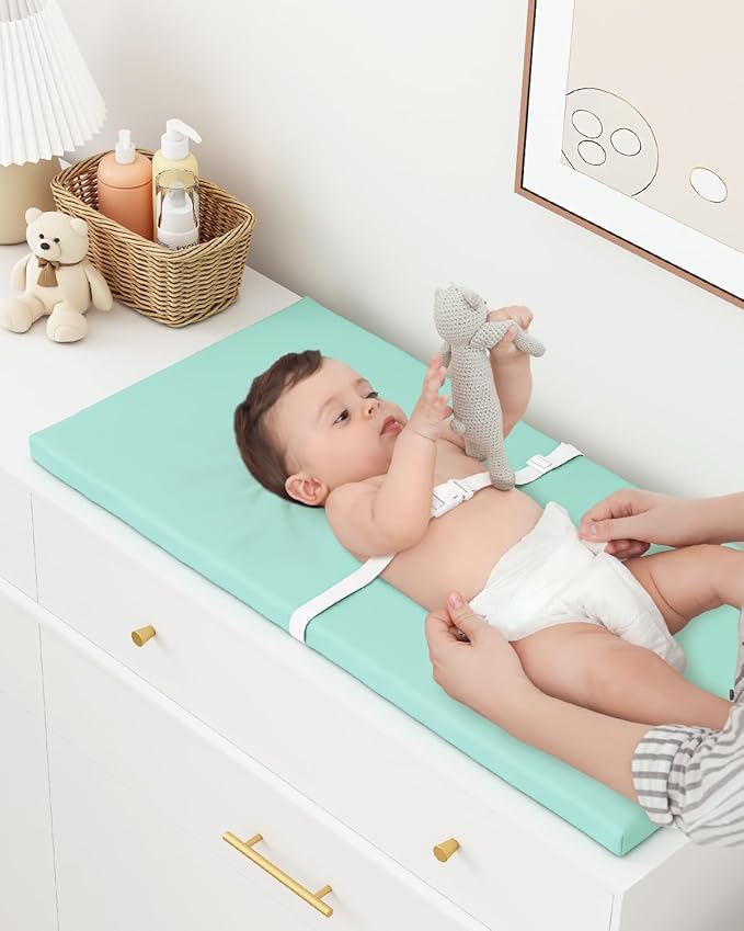 Wipeable Baby Changing Pad for Dresser and Table, Cozy Diaper Changing Pad with Waterproof & Wipe-Clean Leather Cover, Standard Size (31.5" L x 15.8" W), Green