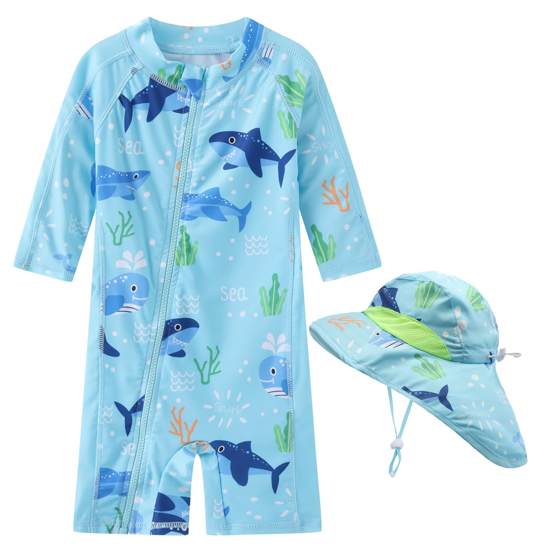Toddler Baby Boys Swimsuit Rashguard One Piece Zipper Bathing Suit with Sun Hat Infant Swimwear Sunsuit UPF 50+（Sea Shark，6-9 Months）