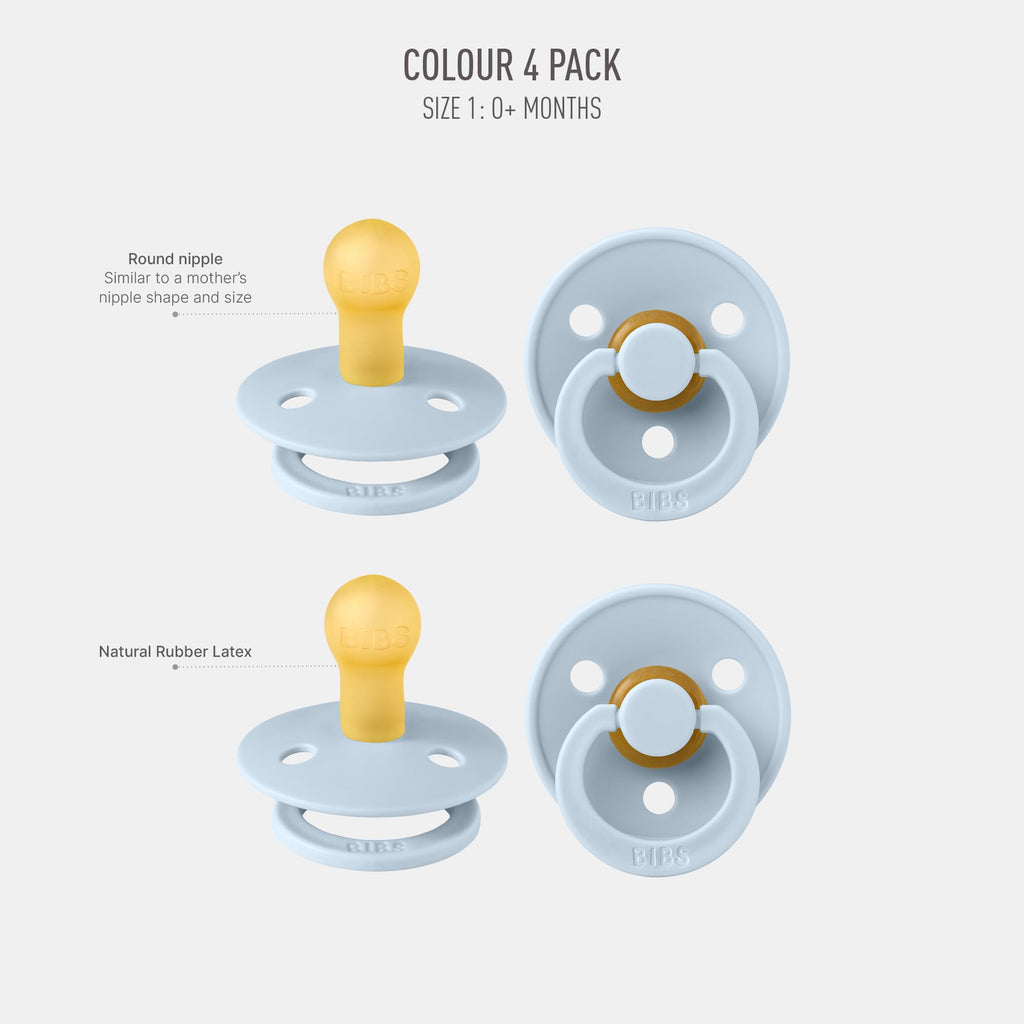 BIBS Colour Pacifier, 0-6 Months, 4-Pack, Round Nipple, Baby Blue