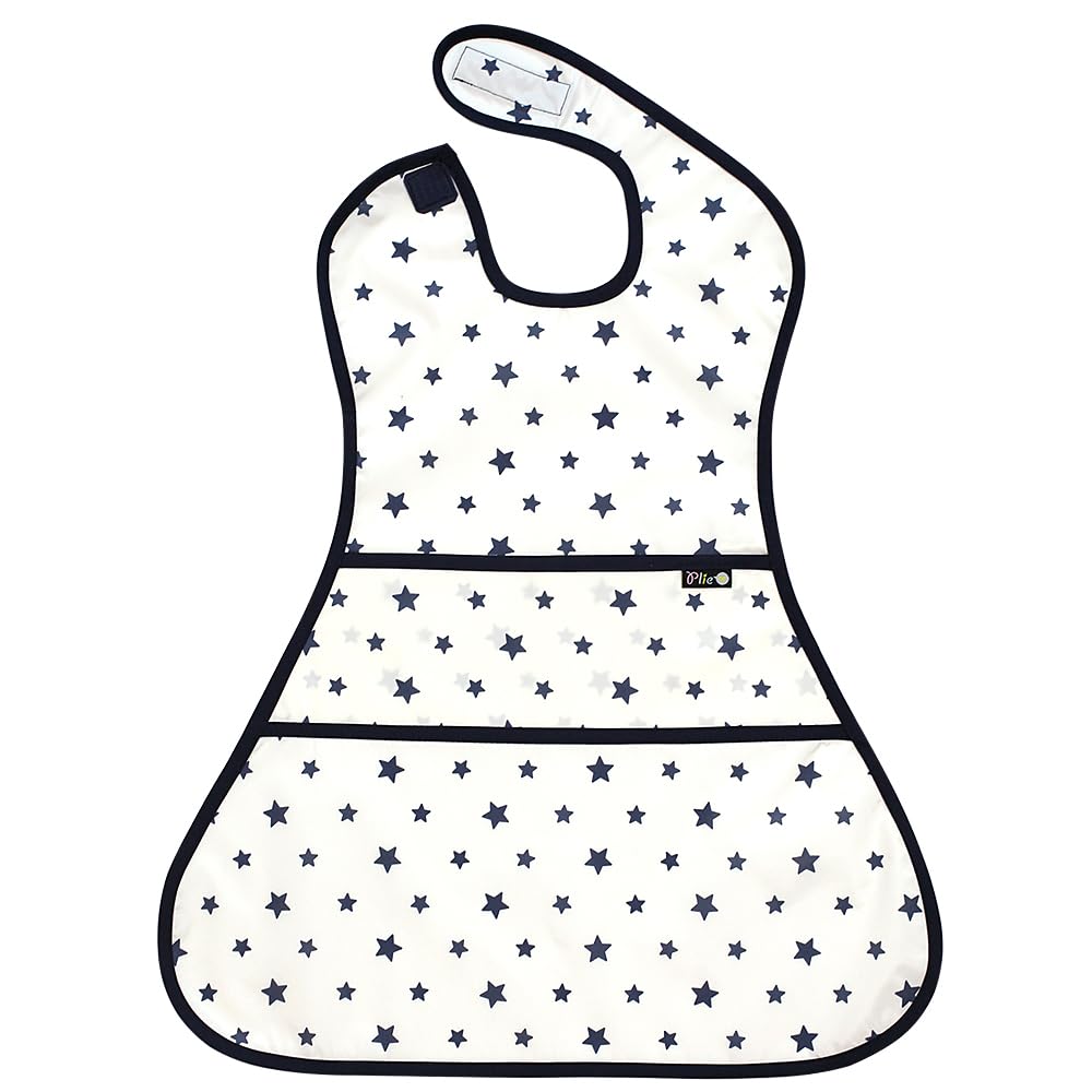 Plie Full Coverage Waterproof Feeding Bib for Toddlers – Extra Long Apron Bib for Mealtime, Self-Feeding, High Chair, Food Catcher, BPA-Free, Easy to Clean - Ivory/Star