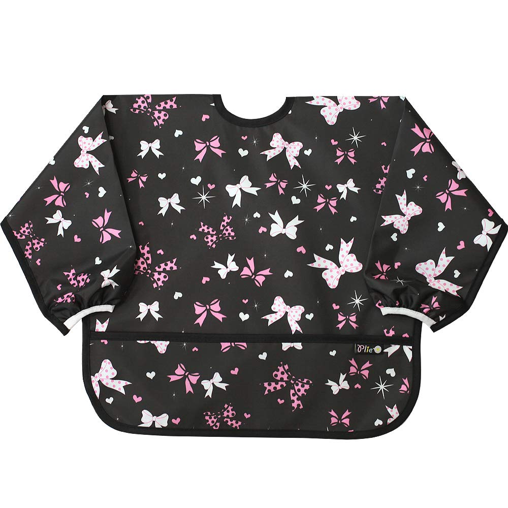 Plie Long Sleeve Waterproof Bib for Toddlers – Soft Feeding Smock for Baby Mealtime, Self-Feeding, Painting & Messy Play, BPA-Free, Easy Clean (6–24 Months) - Black/Ribbon