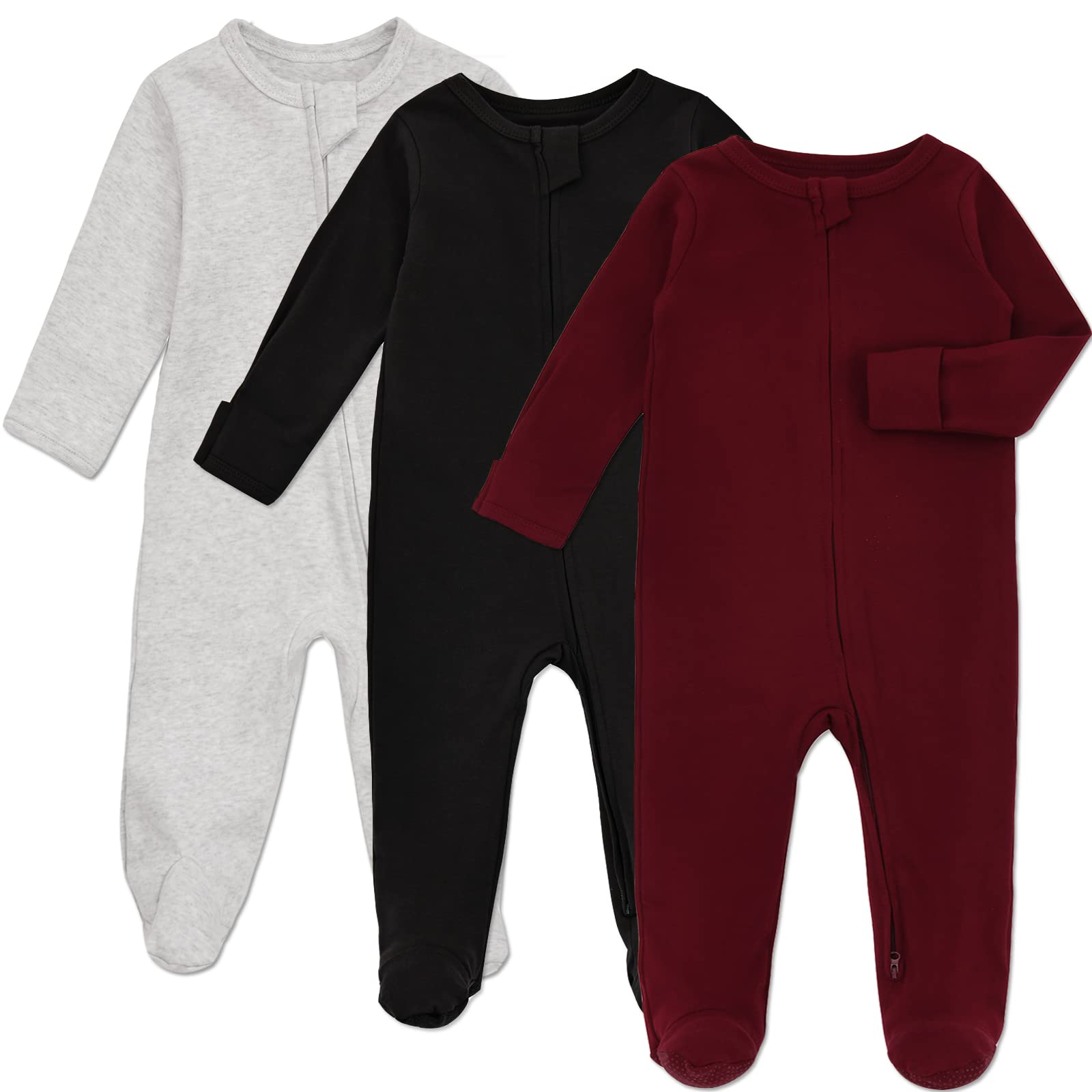 Aablexema Baby Footie Pajama with Mitten Cuffs, Double Zipper Infant Cotton clothes Sleeper Pjs, Footed Sleep Play(Grey&Black&Wine Red,9-12 Months)