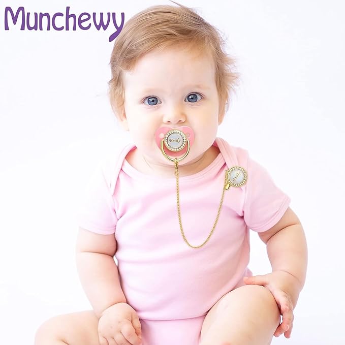 Personalized Pacifier with Name, Custom Pacifier Clip Set with Gift Box, Glitter Crystal Luxurious Bling Soother Dummy Ideal Gift for Baby Boys Girls Birthday Newborn Photography(Gold)