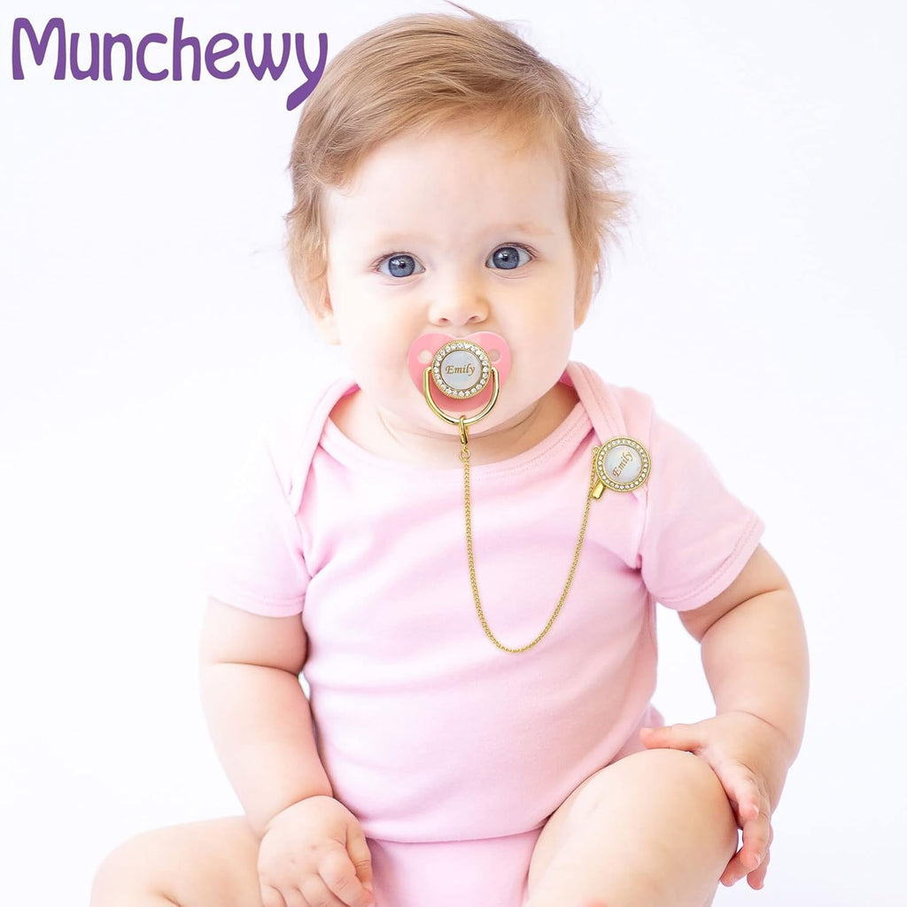 Munchewy Custom Baby Pacifier with Name and Clip for Newborns(White)